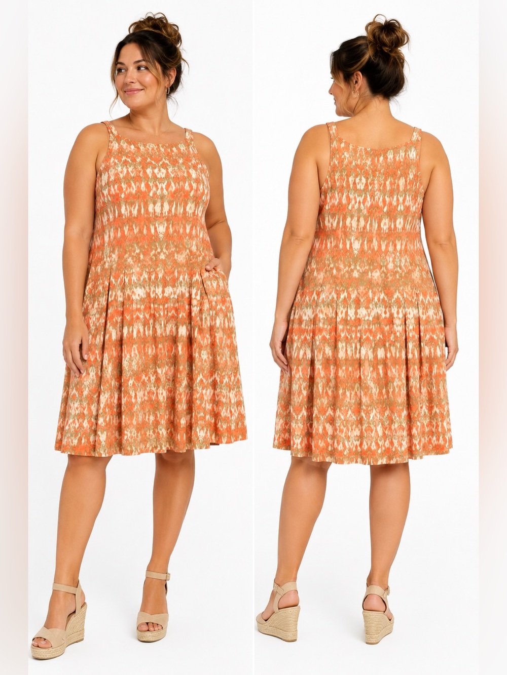 Cotton Sleeveless‎ Orange Patterned Summer Dress Beach Resort Pockets